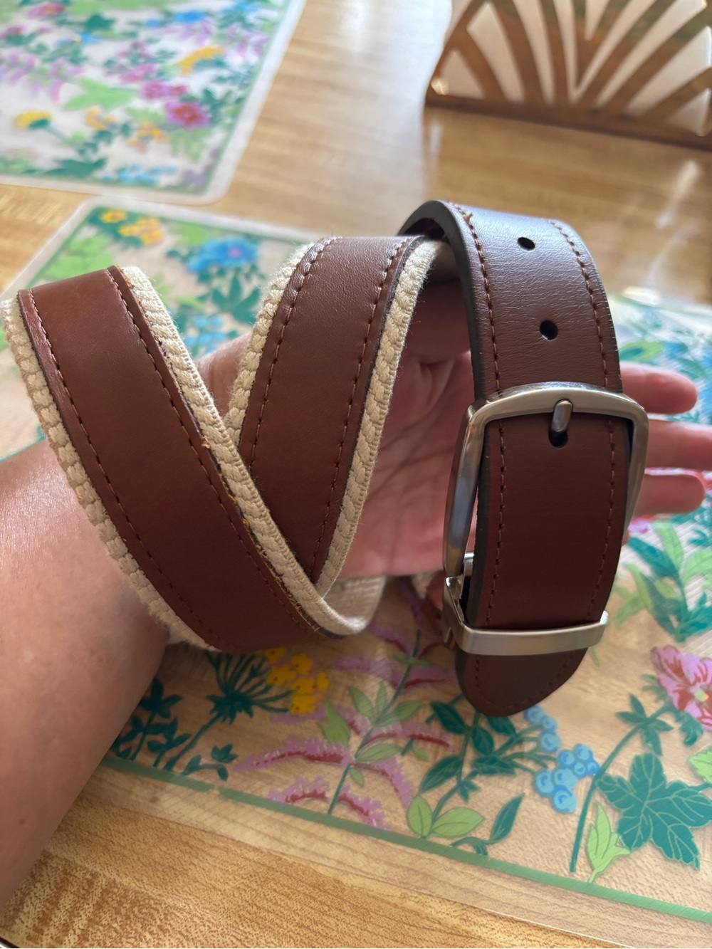 Tommy Bahama Brown Leather Belt with Cream Canvas Edge Reversible